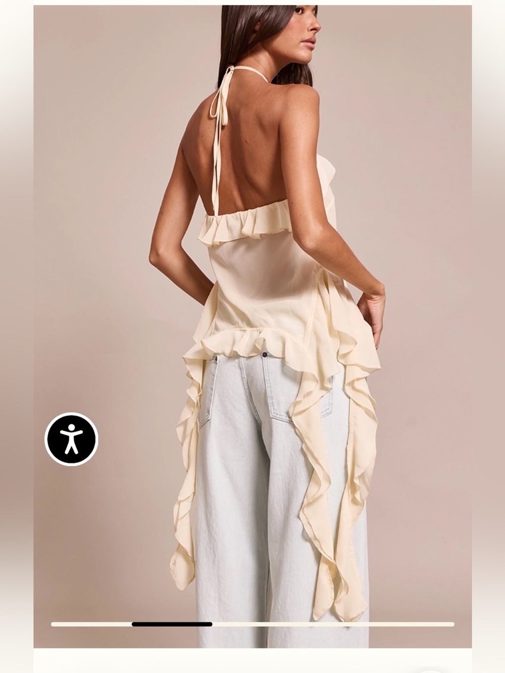 CREAM CHIFFON RUFFLE DRAPE DETAIL LONGLINE TOP - Picture 2 of 4